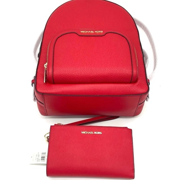 Michael Kors Jaycee Medium Backpack & Double Zip Wallet Wristlet Red/Gold